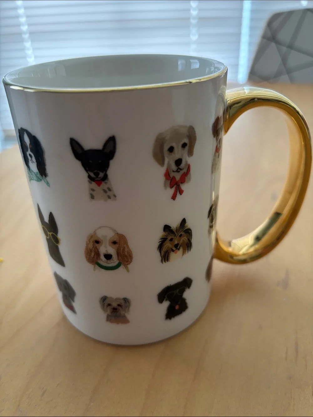 Rifle Paper Co. White Ceramic Mug with Gold Handle and Cute Dog Illustrations